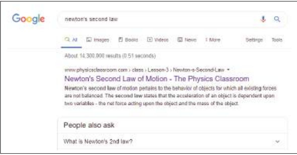 গুগলে newton's second law লিখে খোঁজার ফলাফলের পাতা